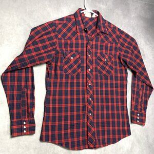 Vintage Lee Mens Western Pearl Snap Shirt size Large Long Sleeve Red Plaid